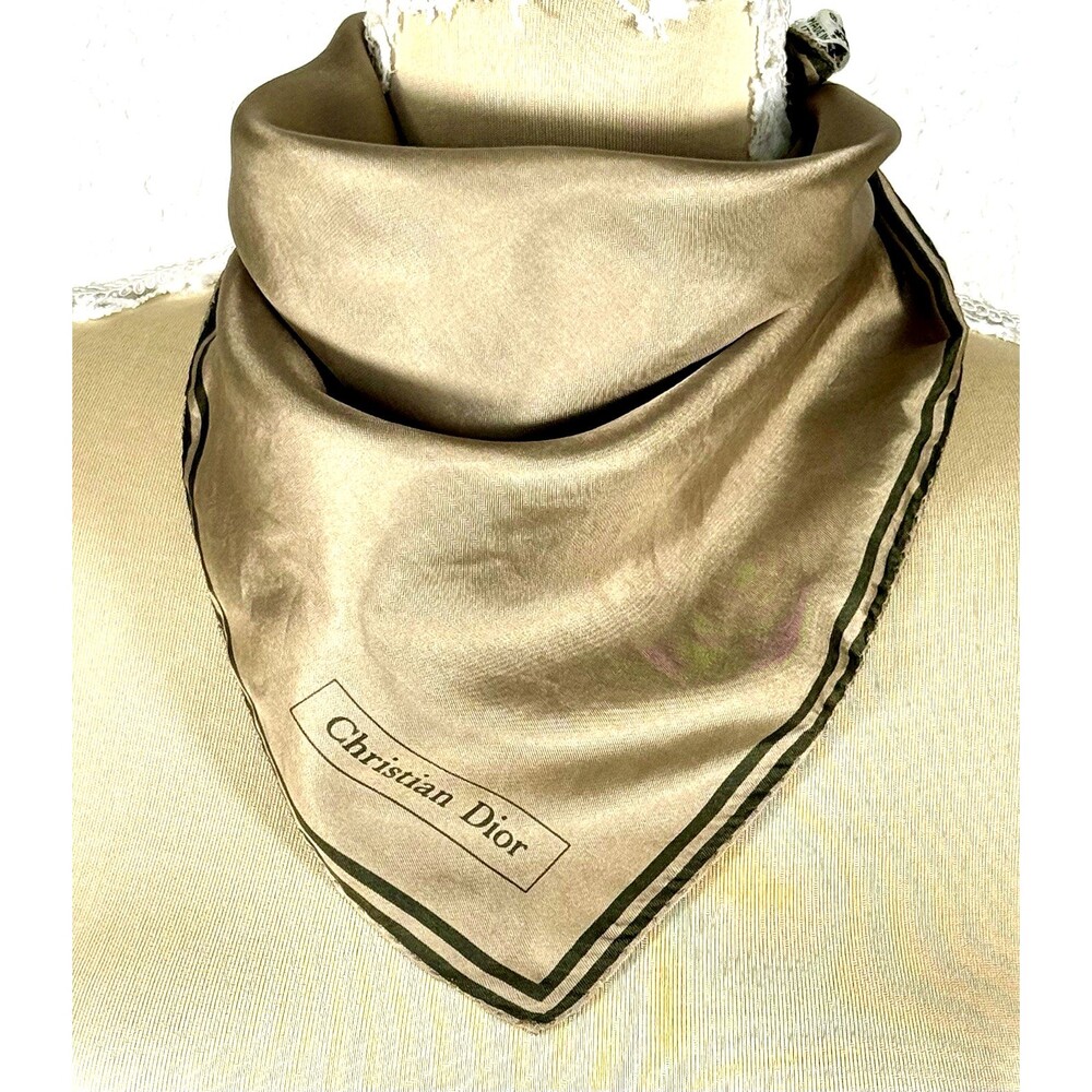 Vintage Christian Dior 100% Silk Scarf 18” Taupe Hand Rolled Portugal Old Money